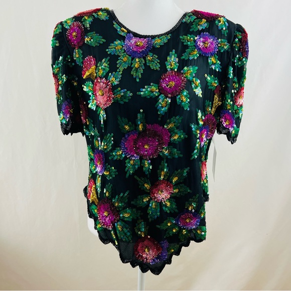 Laurence Kazar Tops - Laurence Kazar Vintage Tags Attached Sequined Floral Silk Blend Top